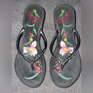 Yellow box wedge flip flops sandals with floral design and beading